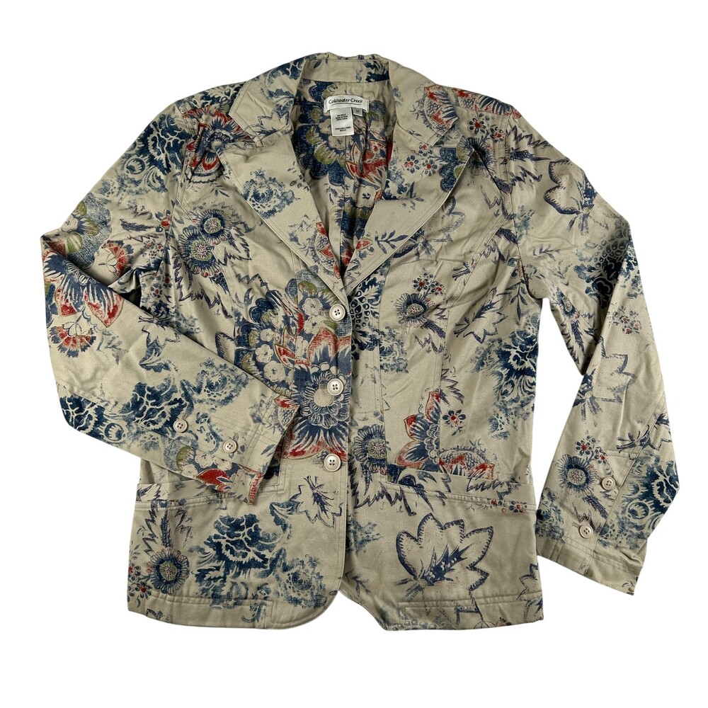 Coldwater Creek Blazer Womens Medium Beige Floral Cotton Button Jacket